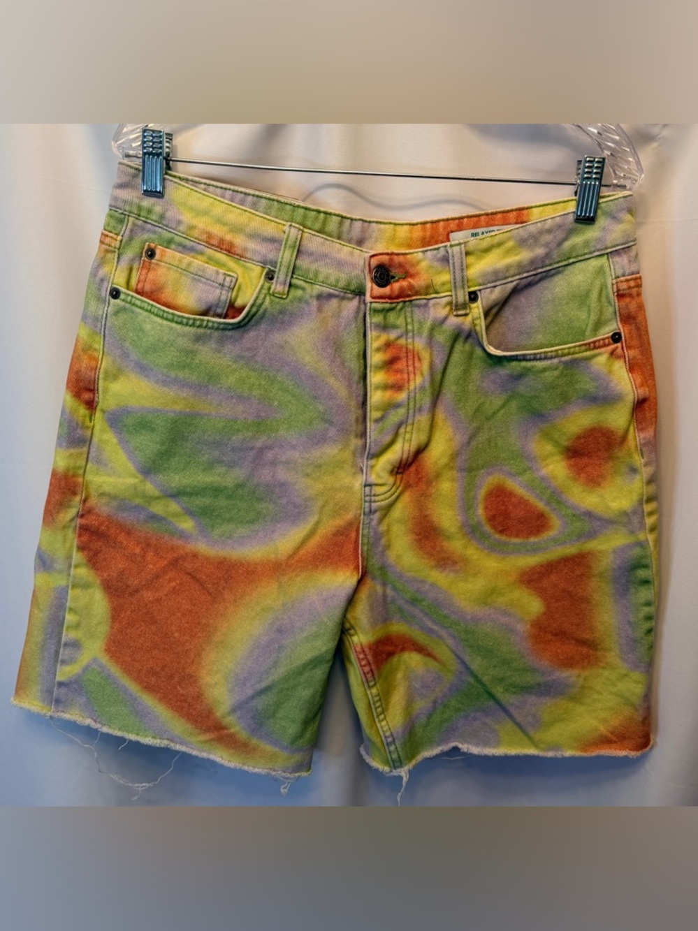 Jaded London Size 32 Enigma Rainbow Multicolor Relaxed Fit Denim Shorts Raw Hem